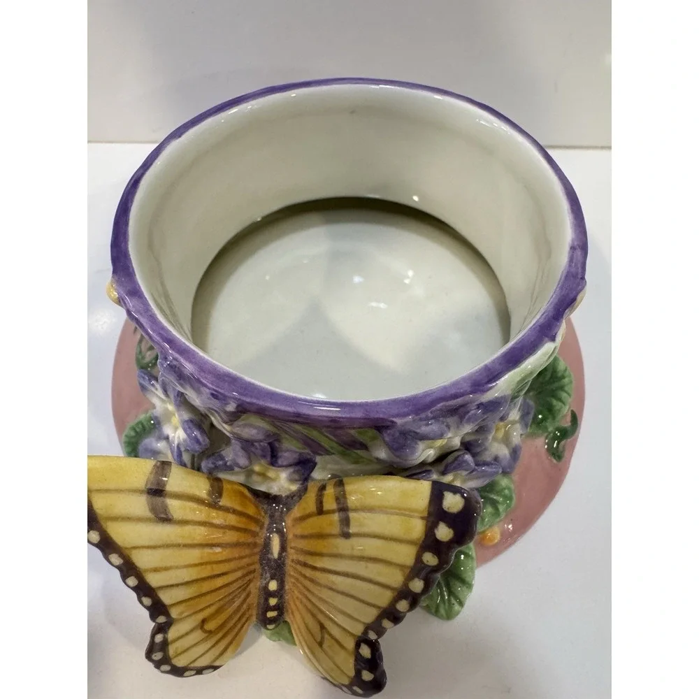 Vintage Fitz & Floyd Essentials Lidded Butterfly Trinket Box Dish Pink & Yellow